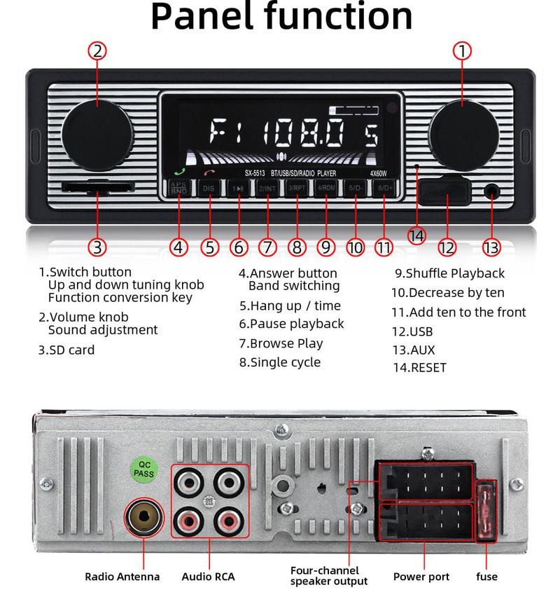 FYPLAY Classic Bluetooth Car Stereo FM Radio Receiver Hands-Free Calling Built-in Microphone USB SD AUX Port Support MP3 WMA WAV Dual Knob Audio Car Multimedia Player Remote Control cars auto accessories