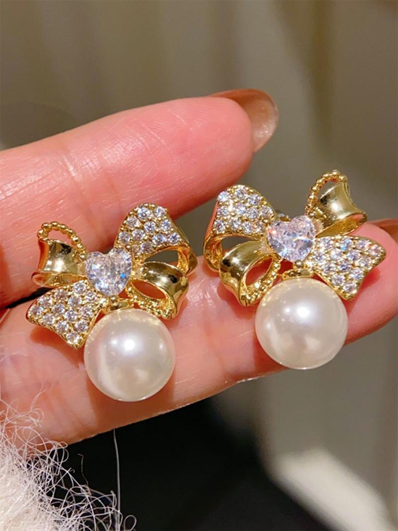 Summer Faux Pearl & Rhinestone Decor Bow Design Dangle High Quality Earrings, Elegant Jewelry for Women for Party, Daily Clothing Decor, Trendy Jewelry As Gift
