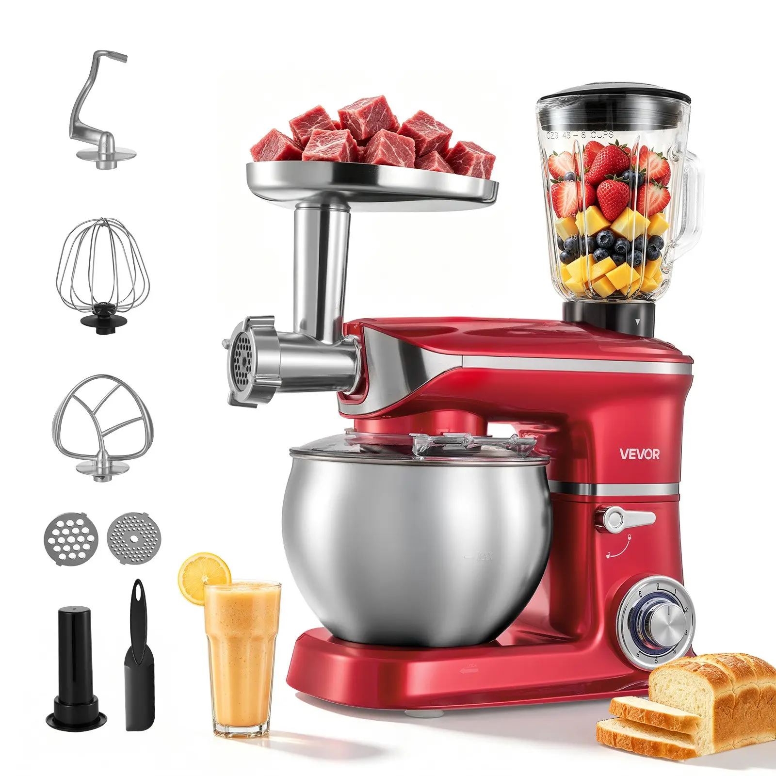 VEVOR 6.3 Qt 3-in-1 Tilt Head Stand Mixer 400W Electric Dough Mixer, Multifunctional Food Kitchen Mixer with Stainless Steel Bowl, Meat Grinder and Blender Attachments, Dough Hook, Whisk, Beater