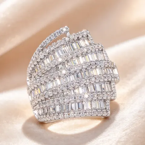 Multi Layer Baguette Stone Statement Ring for Women, Wide Band Cocktail Ring, Jewelry Gift for Valentine's Day Christmas Anniversary