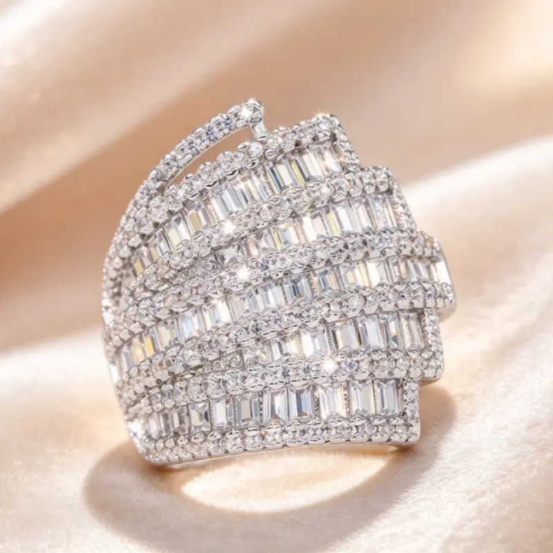 Multi Layer Baguette Stone Statement Ring for Women, Wide Band Cocktail Ring, Jewelry Gift for Valentine's Day Christmas Anniversary