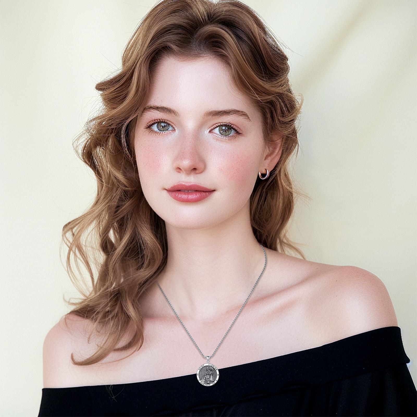 Thanches St. Florian Firefighter Necklace 925 Sterling Silver Pendant for Men Women Amulet Jewelry Gift for Protection Patron Saint of Firefighters Symbolise Courage Safety Gift