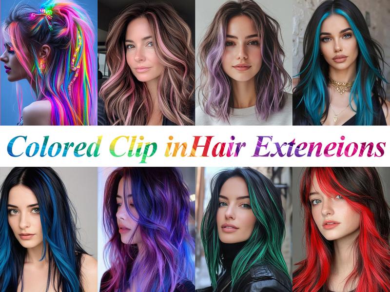 Colored Hair Extensions, 20 inch Straight Highlights Color Clip in on Hair Extension Rainbow Synthetic Hairpieces for Girls Kids Gift