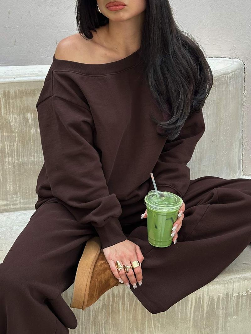 Women's One Shoulder Long Sleeve Top & Pants Two Piece Set Casual Pullover Jumper Sweatsuit for Fall Winter Daily Outfit Comfortable Streetwear Loungewear