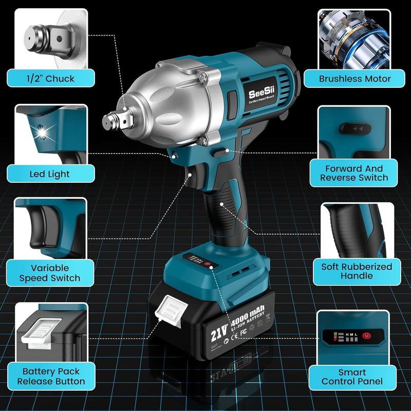 Seesii Cordless Impact Wrench - 885FT-LBS(1200N.m) High Torque Brushless Impact Gun with 2x 21V 4.0Ah Batteries, 6 Sockets & Heavy-Duty Case - for Car, Truck Tire Lug Nut Removal & Industrial Use, dealsforyoudays