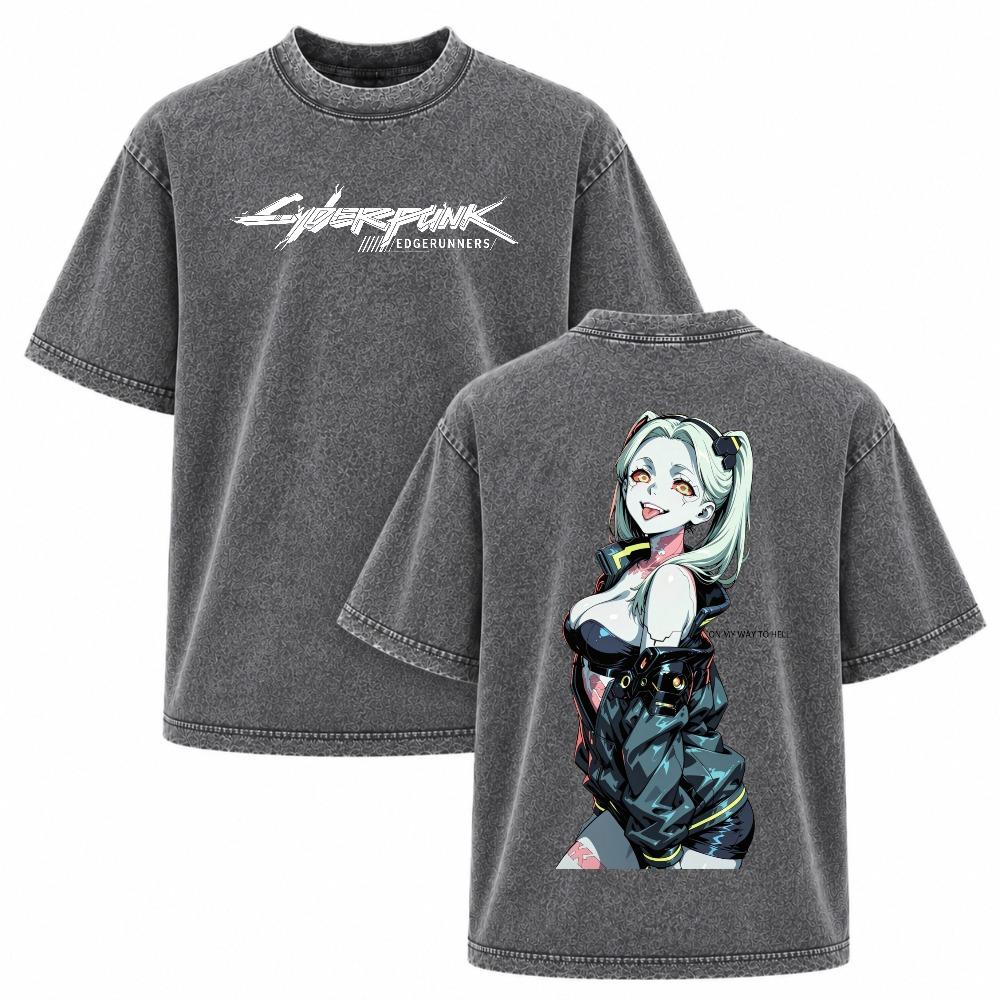Men's Short-Sleeve Rebecca Cyberpunk: Edgerunners Anime Double-Printed Vintage Washed Oversize Heavyweight Cotton Unisex T-Shirt