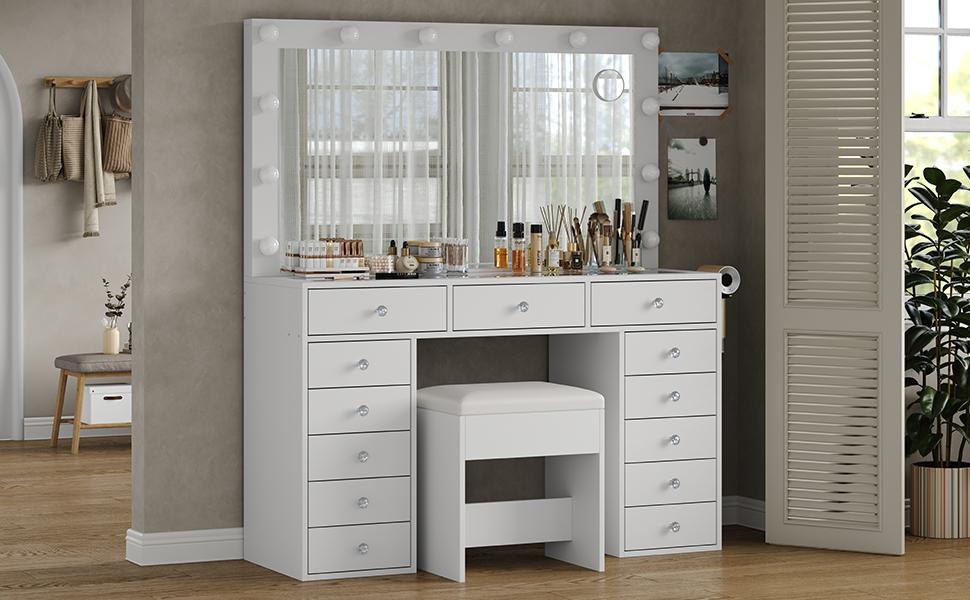 FUSOU 47''W 13 Drawers Vanity Desk, Makeup Vanity with Power Outlet, Vanity Table with Mirror and 12 LED Bulbs, 3 Color Lighting Modes, Glass Top, Dressing Table for Bedroom