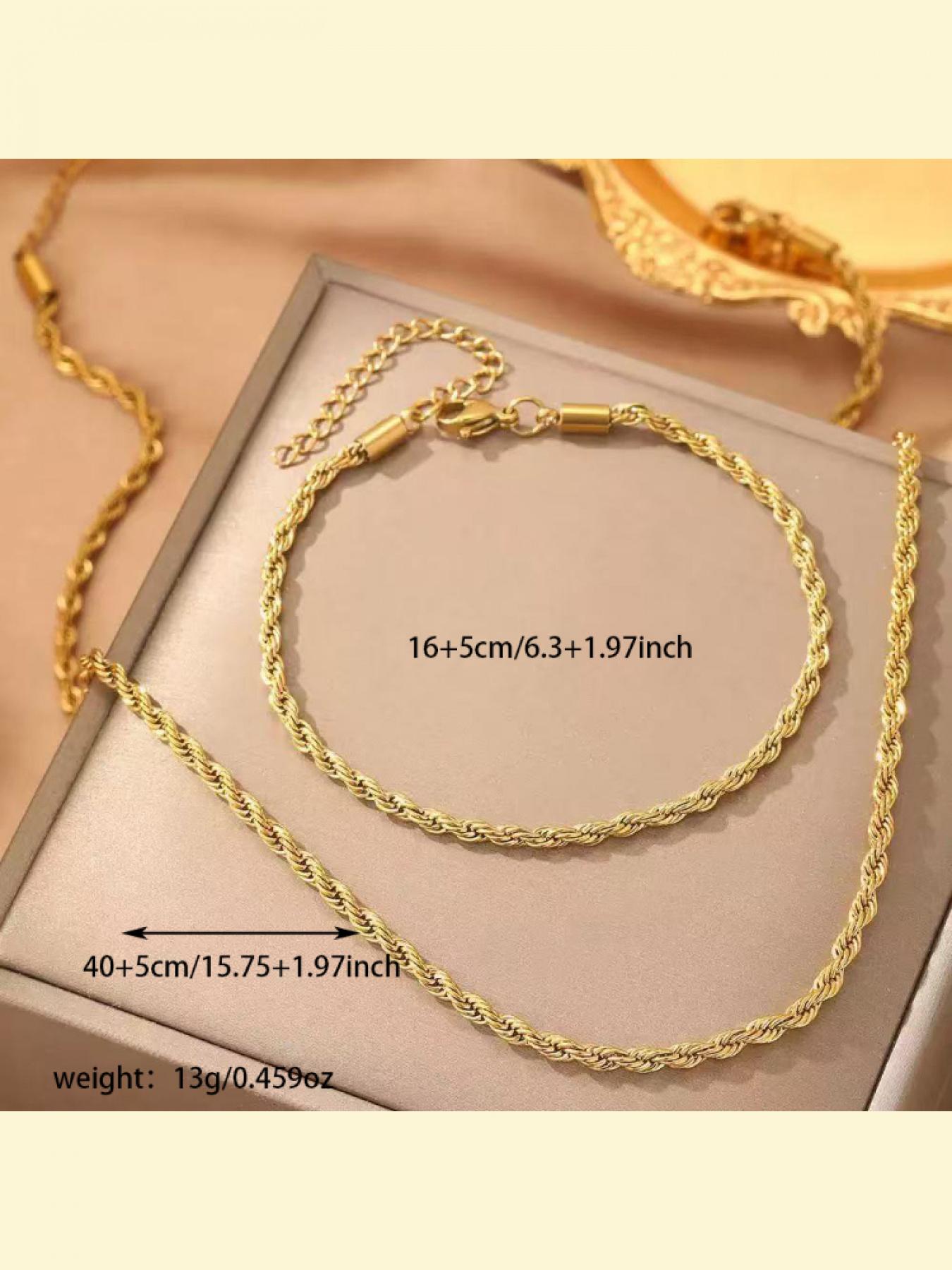 2 Piece Gold Stainless Steel Twisted Chain Bracelet and Necklace Set for Men Minimalist Style Sporty and Fashion Jewelry Gift for Him