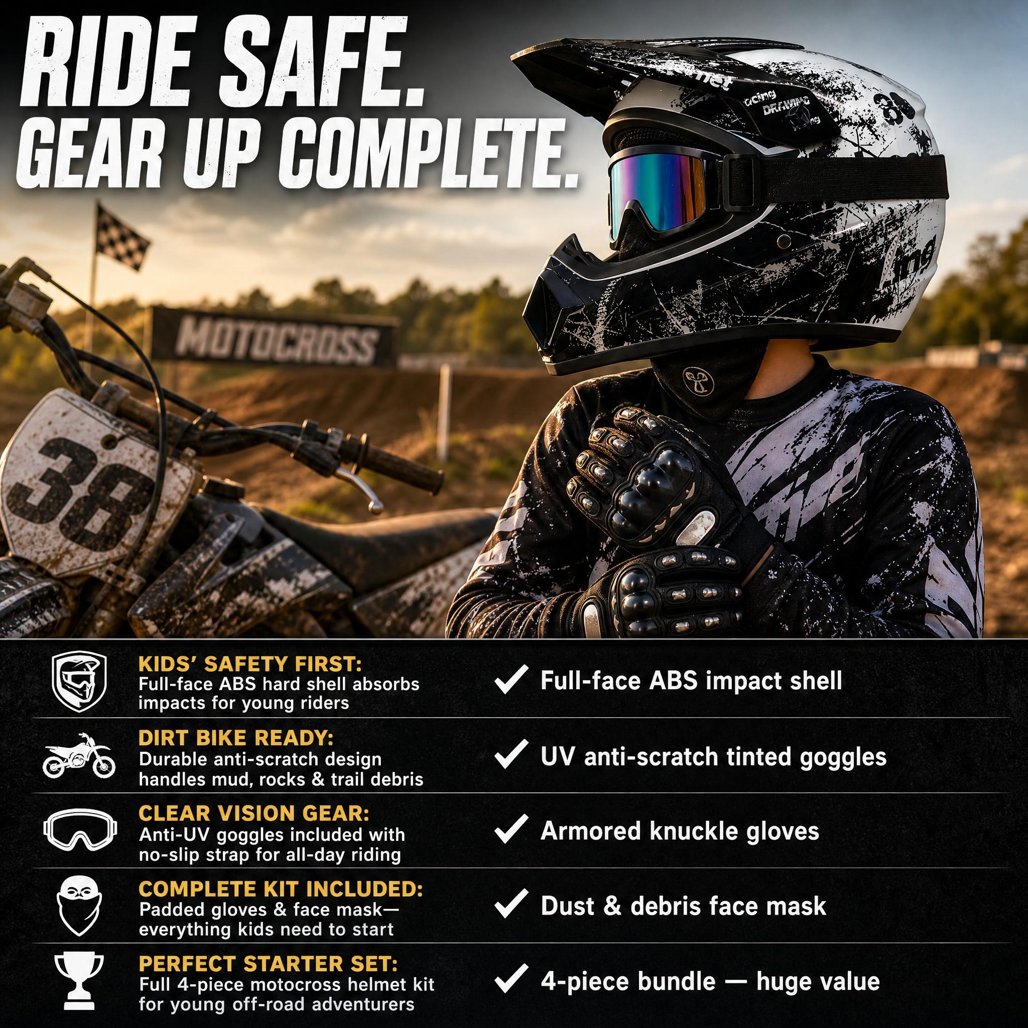 Full Face Motocross Helmet for Kids 6+ Youth Teens and Adults, Adjustable ABS Protective Gear for Outdoor Racing, 4-Piece Set with Goggles, Gloves & Mask, Motocross Protective Gear, Riding Safety Helmet, Off Road Helmets