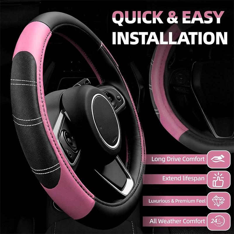 6pcs Car Interior Accessories Set: Sporty PU Leather Steering Wheel Cover (14.5-15 inch Universal), Microfiber PU Leather Car Console Cover, Seatbelt Pads, Cup Holder Pads. All-Season Universal Car Accessories