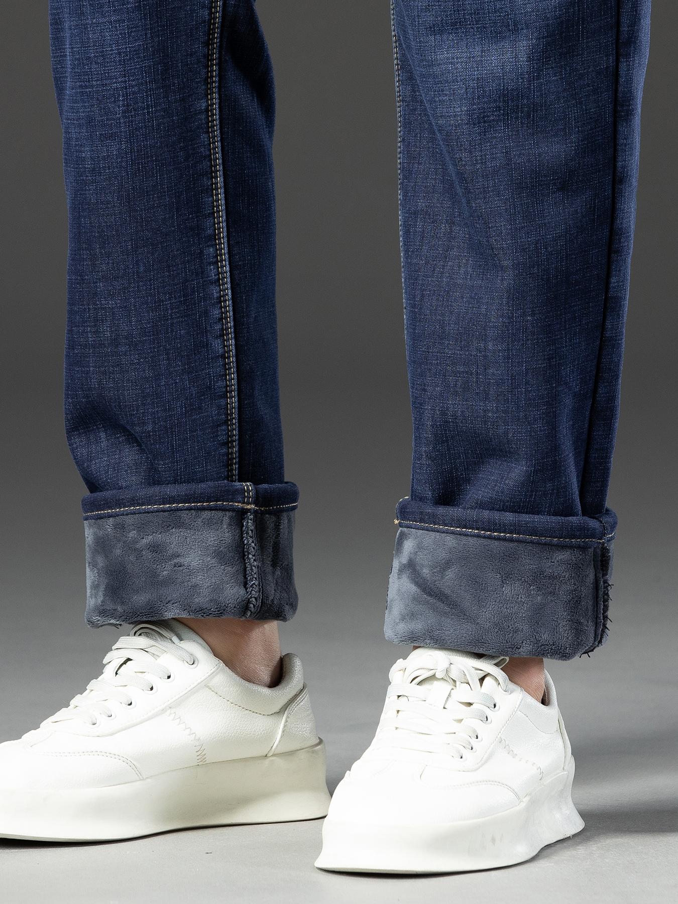 Men's Fleece Lined Denim Jeans, Loose Straight Leg Long Pants, Cotton Elastic Warm Winter Wear, Casual Fashion for Fall & Winter