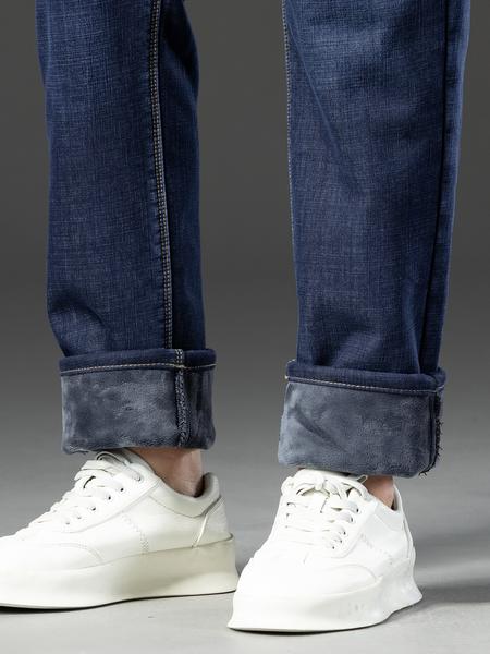 Men's Fleece Lined Denim Jeans, Loose Straight Leg Long Pants, Cotton Elastic Warm Winter Wear, Casual Fashion for Fall & Winter
