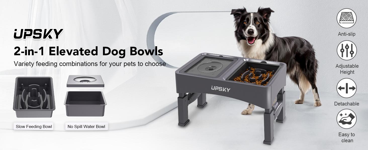 UPSKY 2-in-1 Elevated Dog Bowls Slow Feeder 4 Height Adjustable Raised Stand No Spill Anti-Slip Food Water Bowl for Small Medium Dogs with Anti-Slip Pads