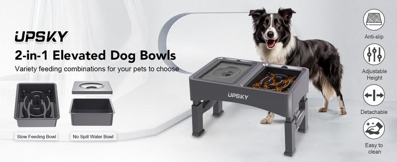 UPSKY 2-in-1 Elevated Dog Bowls Slow Feeder 4 Height Adjustable Raised Stand No Spill Anti-Slip Food Water Bowl for Small Medium Dogs with Anti-Slip Pads