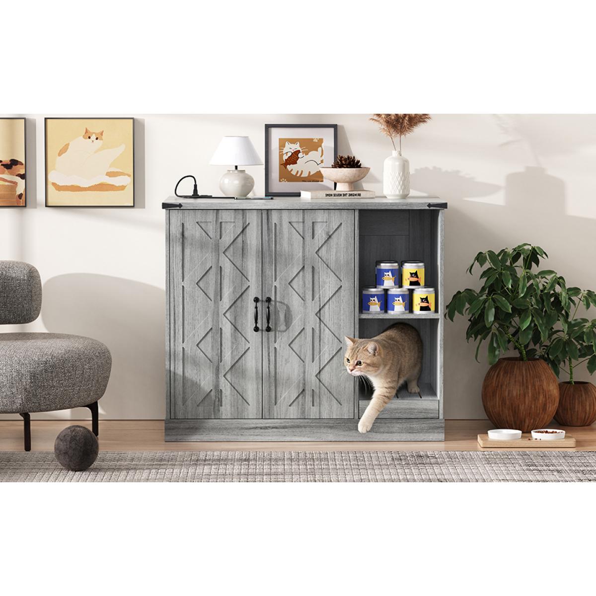 Cat Litter Box Cabinet with Power Outlet, Modern Litter Box Furniture for Large Automatic Litter Boxes, Hidden Litter Box Enclosure with Litter Catcher, Adjustable Storage Shelves, Gray