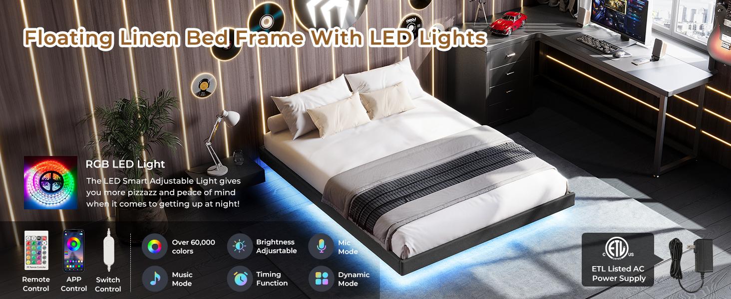 Floating Bed Frame Twin/Full/Queen Size with RGB LED Lights and Type-C&USB Ports, Linen Upholstered Platform Bed with Wood Slats Support, No Box Spring Needed,Noise-Free,Easy Assembly,Dark Gray