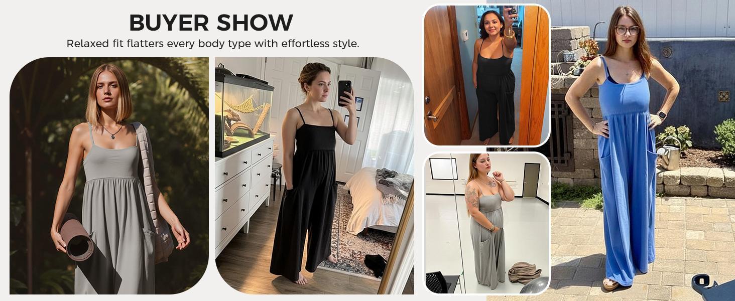 Imily Bela Womens Summer Jumpsuits One Piece Casual Loose Overalls Spaghetti Strap Wide Leg Rompers with Pockets Workout Outfits