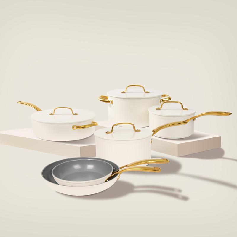 10pcs Golden Handle Ceramic Nonstick Cookware Set By Chef Power Sunray Series Oven Safe Kitchen Dining Pan Pot Utility white aesthetic cookware Frying