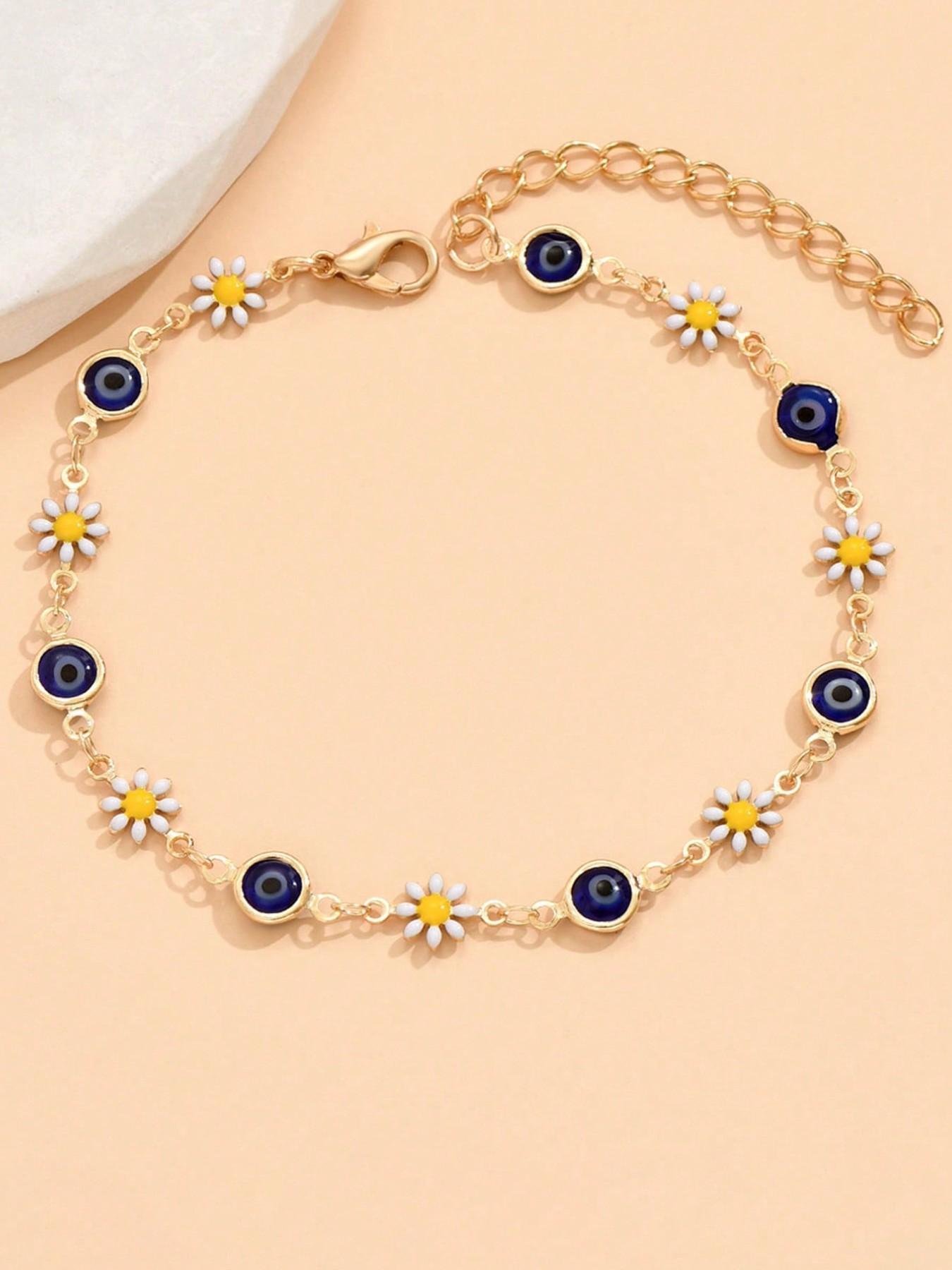 Elegant Daisy Anklet, Boho Style Blue Turquoise Eye Elephant Metal Chain, Summer Beach Foot Jewelry for Women, Trendy Accessory