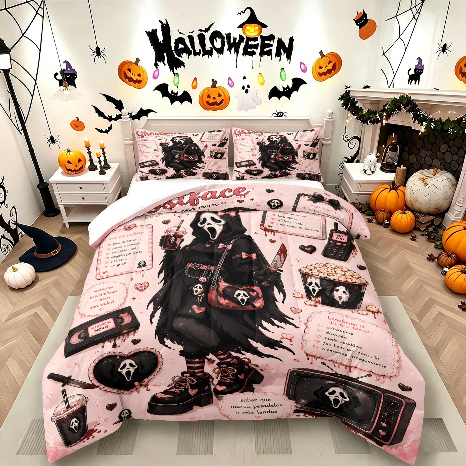 Color-Block Plaid Chibi Hugging a Teddy Bear, Pulling a Suitcase and Playing Phone Ghostface Print Comforter Set & 1-2 Pillowcases, Comfortable Easy Care Bedding, Halloween or Movie Fans Bedroom Dorm Decor