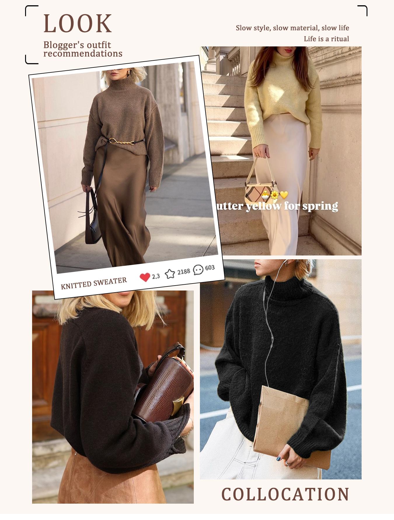 Autumn Winter Women's Sweater, High Neck Loose Casual French Style Knitwear, Elegant Simple Solid Color Pullover, Long Sleeve Knit Top