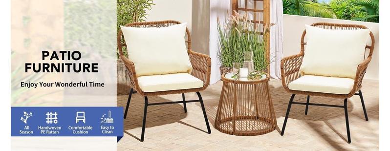 Patio Conversation Bistro Set, Outdoor All-Weather Wicker balcony Furniture with Tempered Glass Top Table Wide Ergonomic Armchairs, Seat Cushions for Porch, Backyard