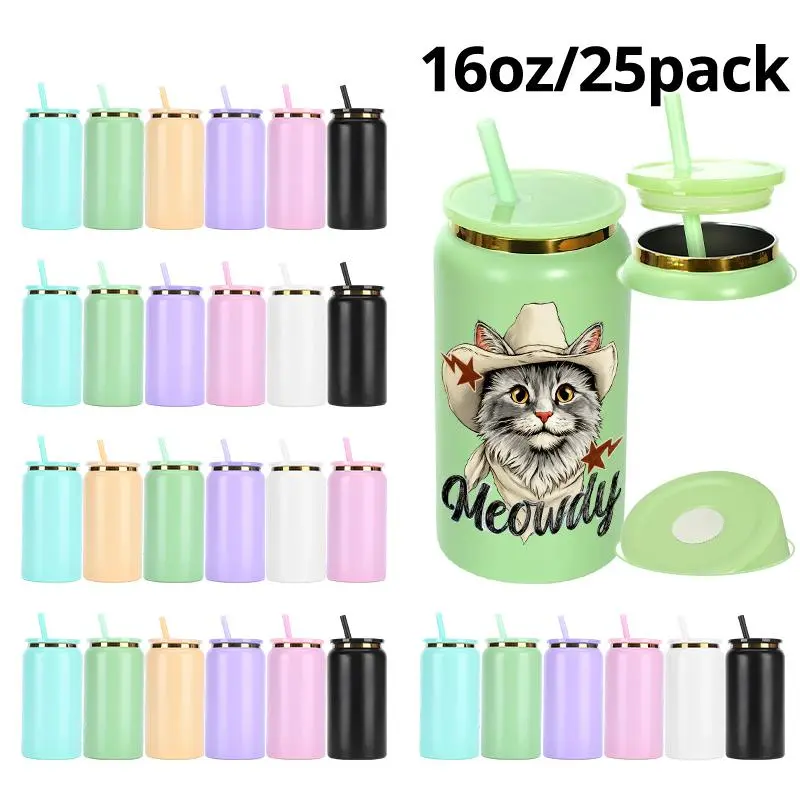 25pcs 16oz Glossy Sublimation Can, 304 Stainless Steel Vacuum Insulated Flasks - Reusable Insulated , Hydration Tumbler,Wholesale Soda Can with Lid & Straw, Party Gift
