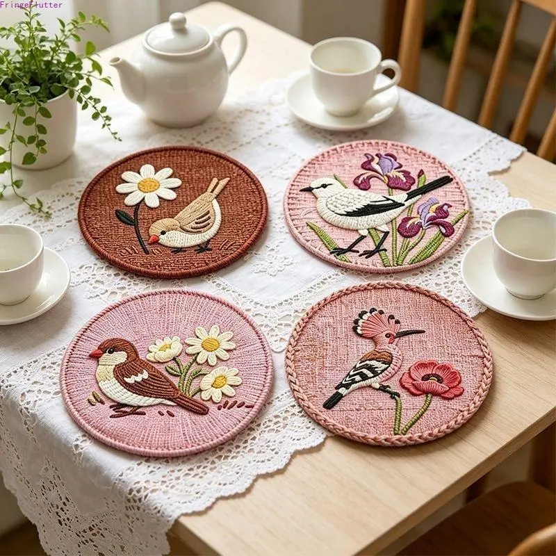 4PCS Round Cotton Weave-Look Printed Placemat & Coaster Set - New Chinese Style Tableware, Heat-Insulating, Anti-Scalding, Non-Slip Mat for Kitchen Dining Room Decor
