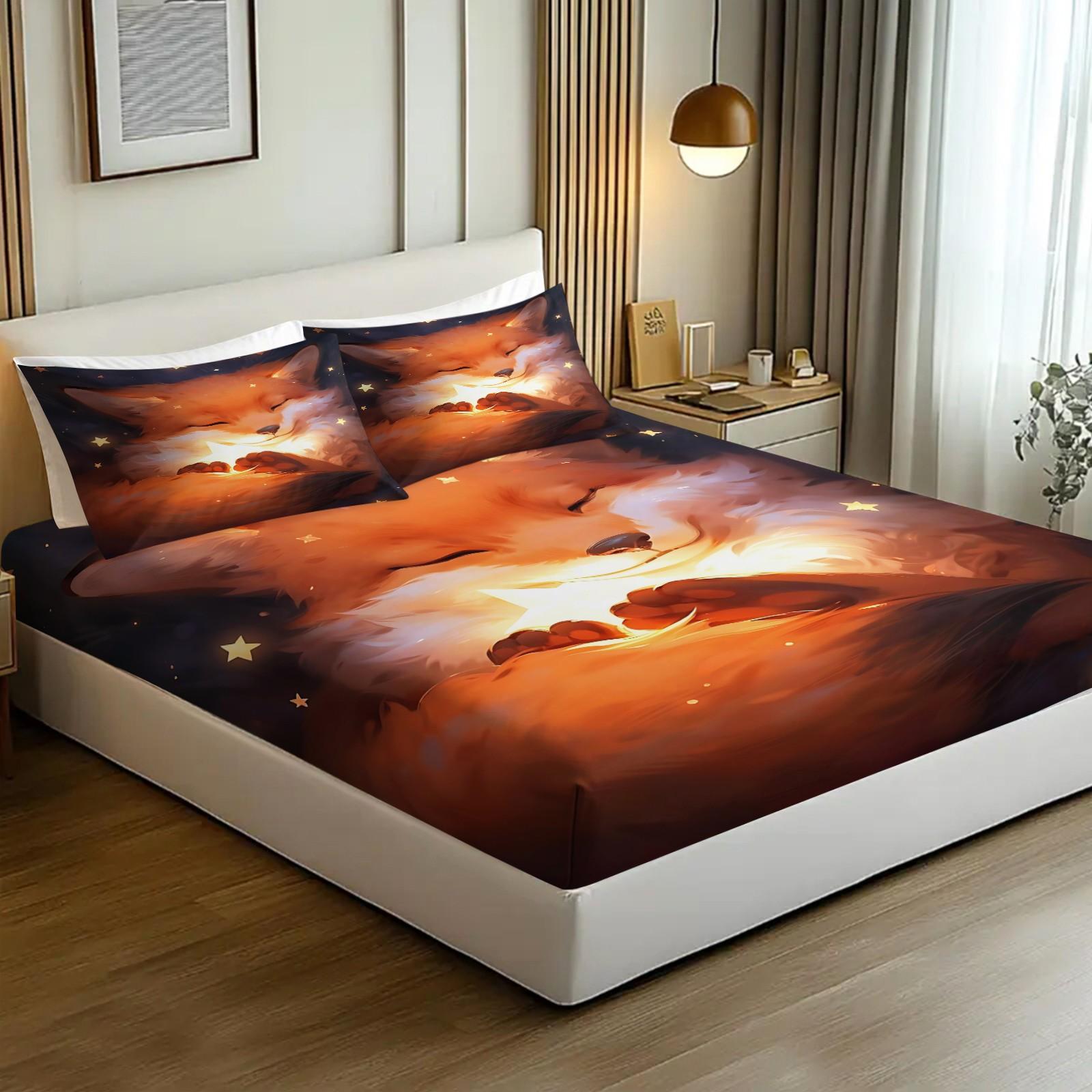 Dreamy and healing little fox-themed fitted sheet set,Includes 1 Fitted Sheet & 2 Pillowcases without Filler,Warm and soft light effect,Gentle and dreamy feel,Warm and anti-pilling,Suitable for all seasons, Comfy Bed Sets