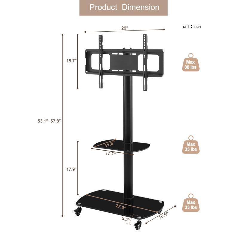 Mobile TV Stand With Lockable Wheels, LCD/Plasma TV bracket  2 Tier Tempered Glass Shelves For Multiple Media Devices, Height and Angle Adjustable Multi-Function Tempered Glass Metal Frame