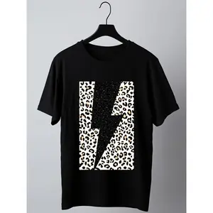 Mens Black Pure T Shirt Leopard Print with Lightning Bolt ThemeUnisex Menswomens 2026 Round Neck Regular Fit Couple TShirts8Retro Casual Short-sleeved T-shirt with a Round Neck and Printed Pattern, Suitable for Daily Commuting and Outdoor Activities