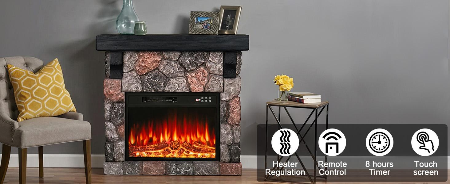 PUKAMI 36" Electric Fireplace with Mantel, 23 inch Electric Fireplace Insert, TV Stand Freestanding Heater with Remote Control Timer LED Flame for Living Room Bedroom,Faux Stone Gray