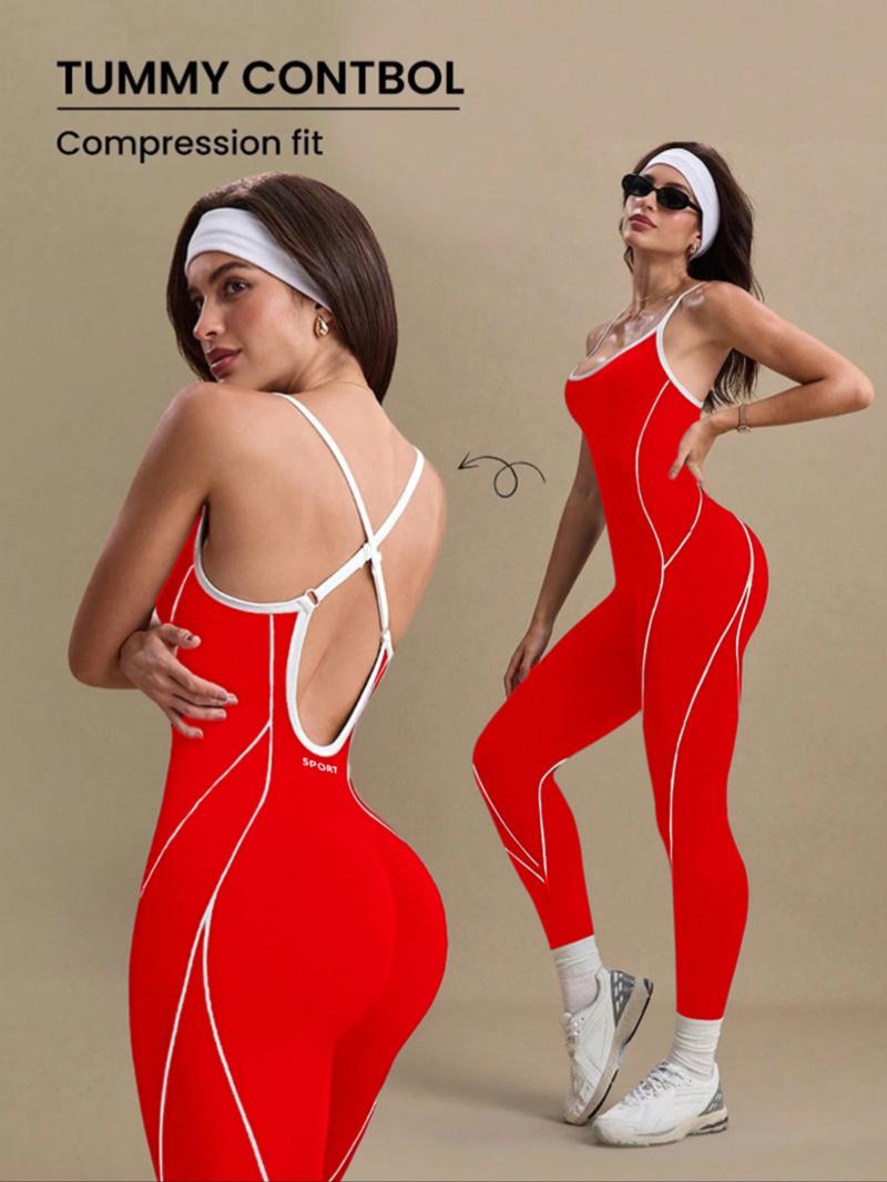 Women's Colorblock U Neck Adjustable Strap High Elastic Yoga Jumpsuit, Sporty Sleeveless Fitness, All Season Comfortable Wear, Sportswear Jumpsuits