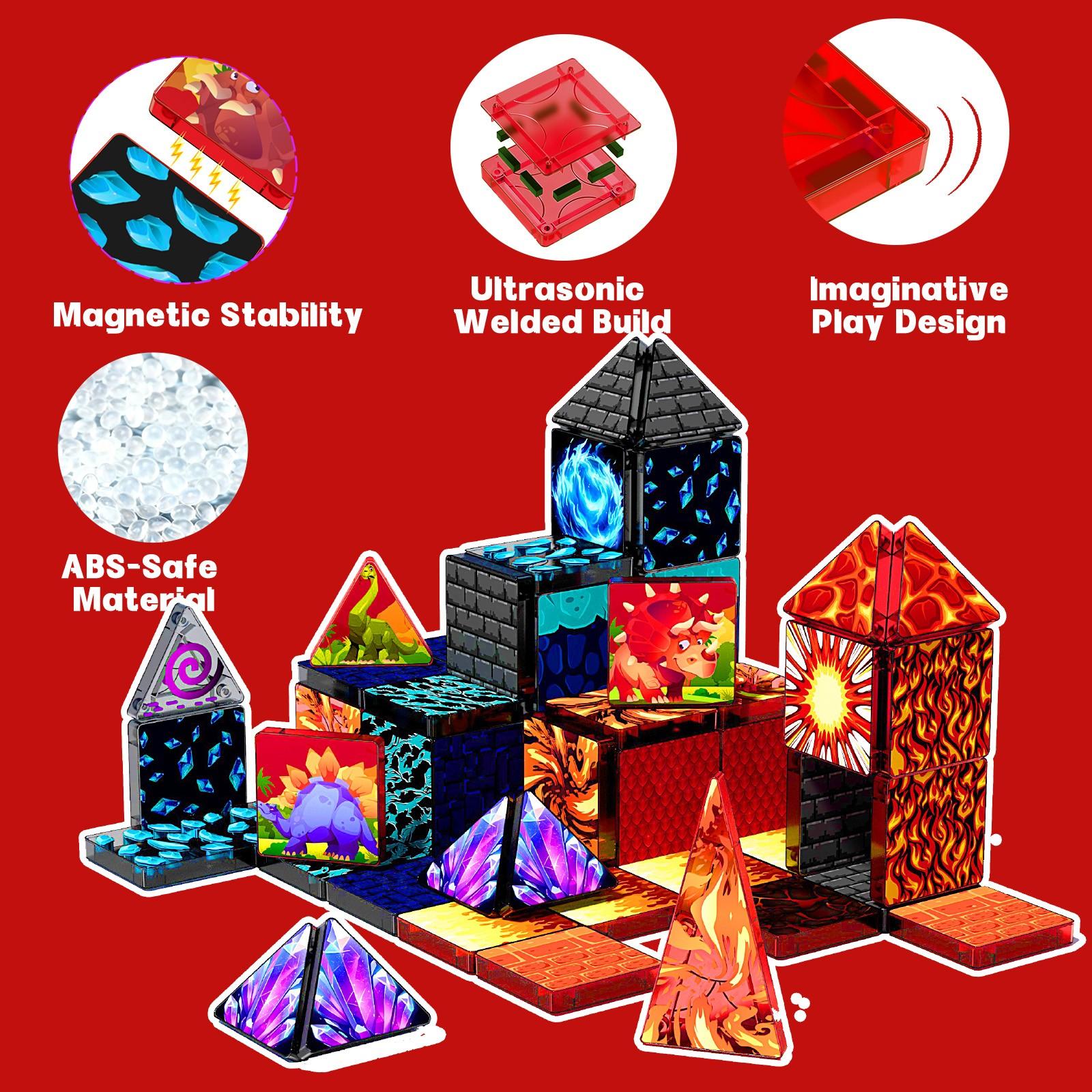 【New Sticker Set】60PCS,1.48inch Creative Sticker Magnetic Tiles,Jurassic Dinosaur Series，Magnet Building Blocks Cubes Construction Stacking Educational Assembly Toy Preschool STEM Play Creative Playboard for Toddler Kids Ages 3+,Kids Toys best gift