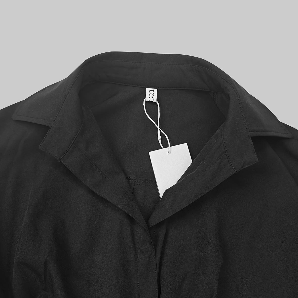 UOOZEE women's long-sleeved loose solid color lapel midi dress, waist design, comfortable and elegant, a must-have for commuting and formal occasions Midi Cloth, with pockets Modest Clothes SpringStatements