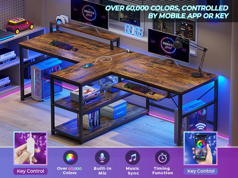 SEDETA 94.5" Home Office Desks, Computer Gaming Desk with Storage, LED Lights, Power Strip with USB, Keyboard Tray & Monitor Stand, Extra Long Double Desk for 2 Person