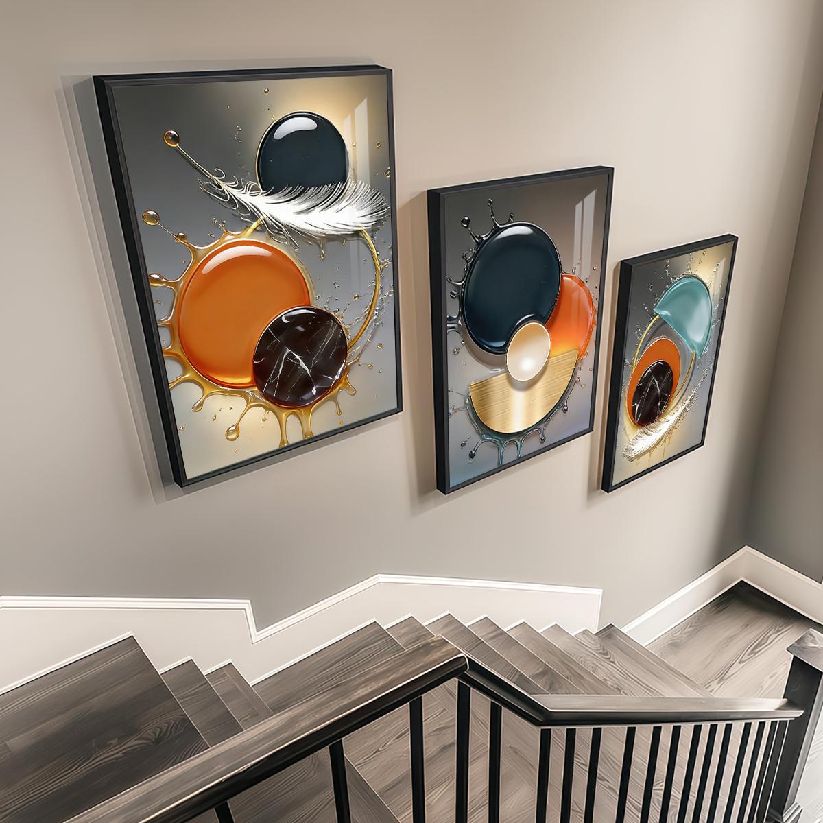 3 Counts Aluminum Alloy Framed Painting, Abstract Color Liquid Splash And Feather Art, Home Decoration For Living Room, Bedroom, Office, Restaurant, Hallway Wall Decor, Odorless Print Artwork, Luxury Perfect Gift For Friends And Family