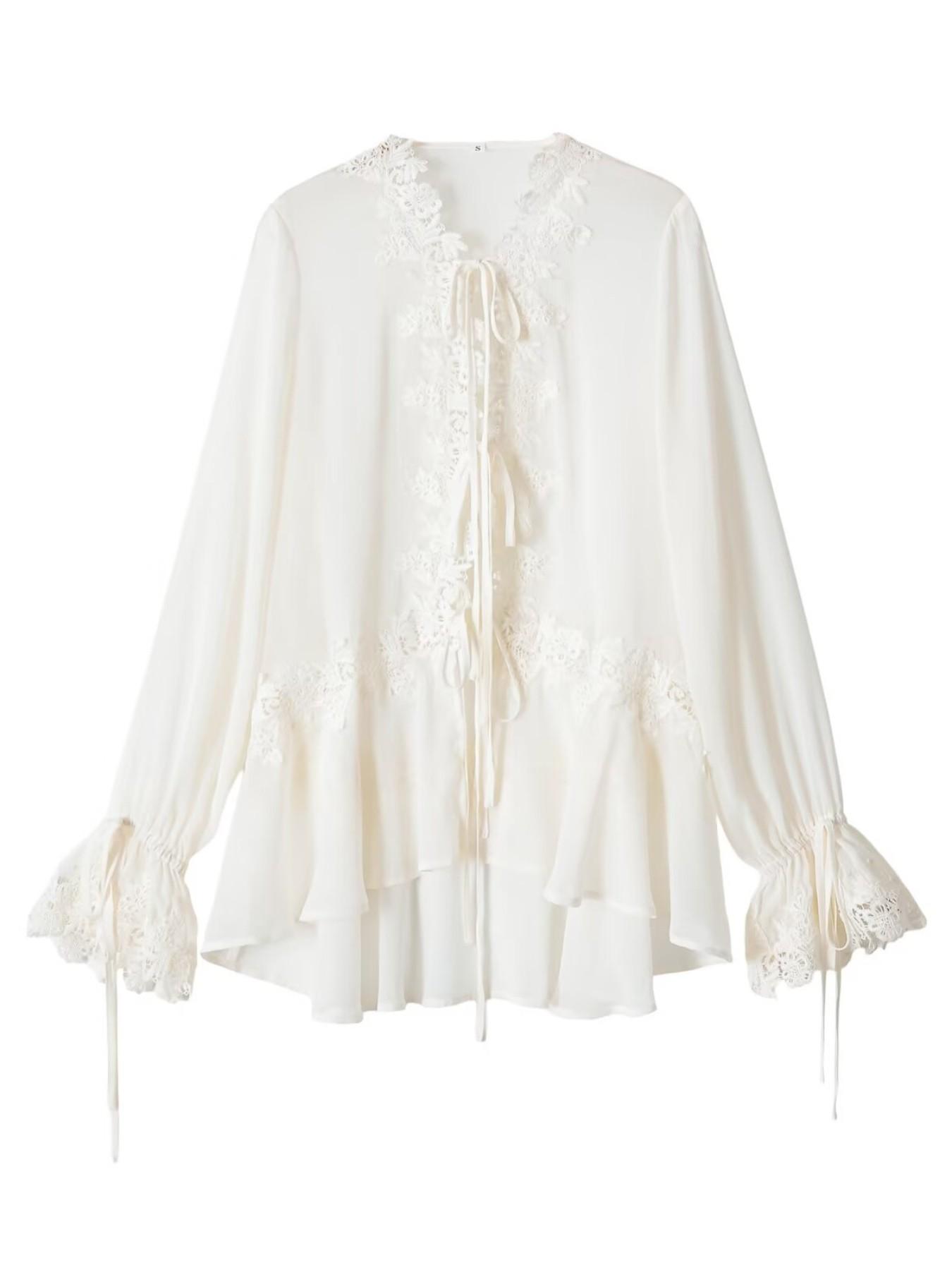 Elegant French Lace Chiffon Loose Top Blouses, Drawstring Ruffle, Deep V Neck, Beach Vacation Overshirt, Floral Embellished, Rice