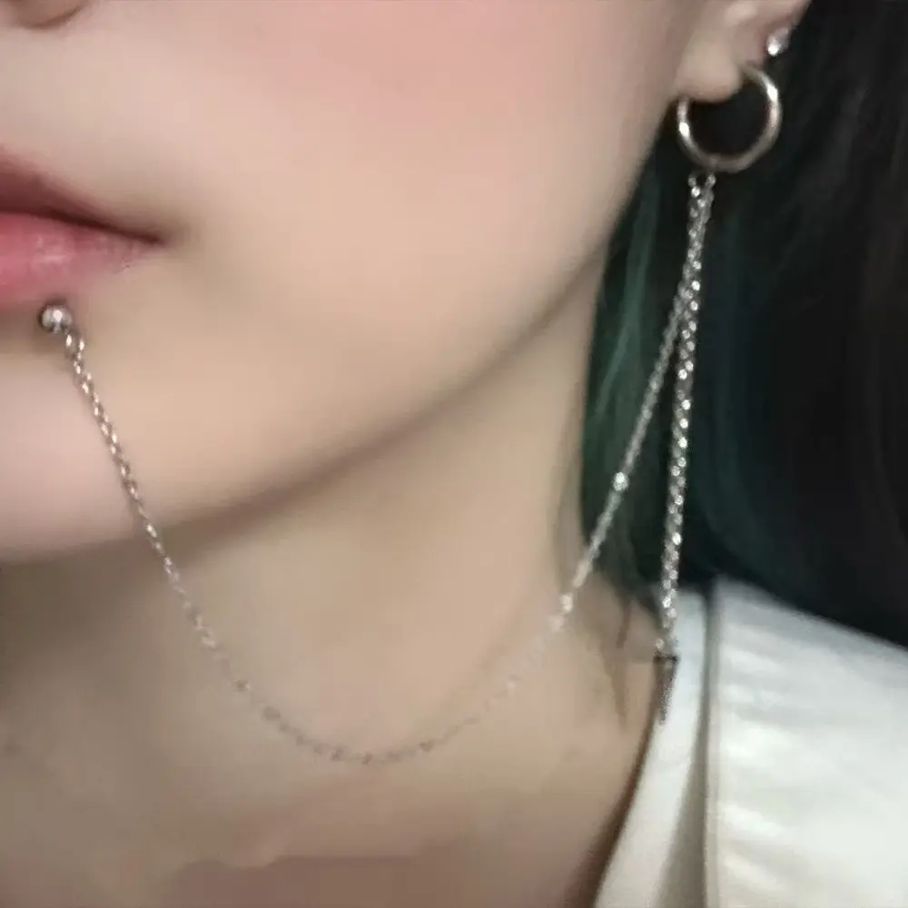 Lip Stud with Drape Chain to Ear Piercing, Alternative Punk Body Jewelry