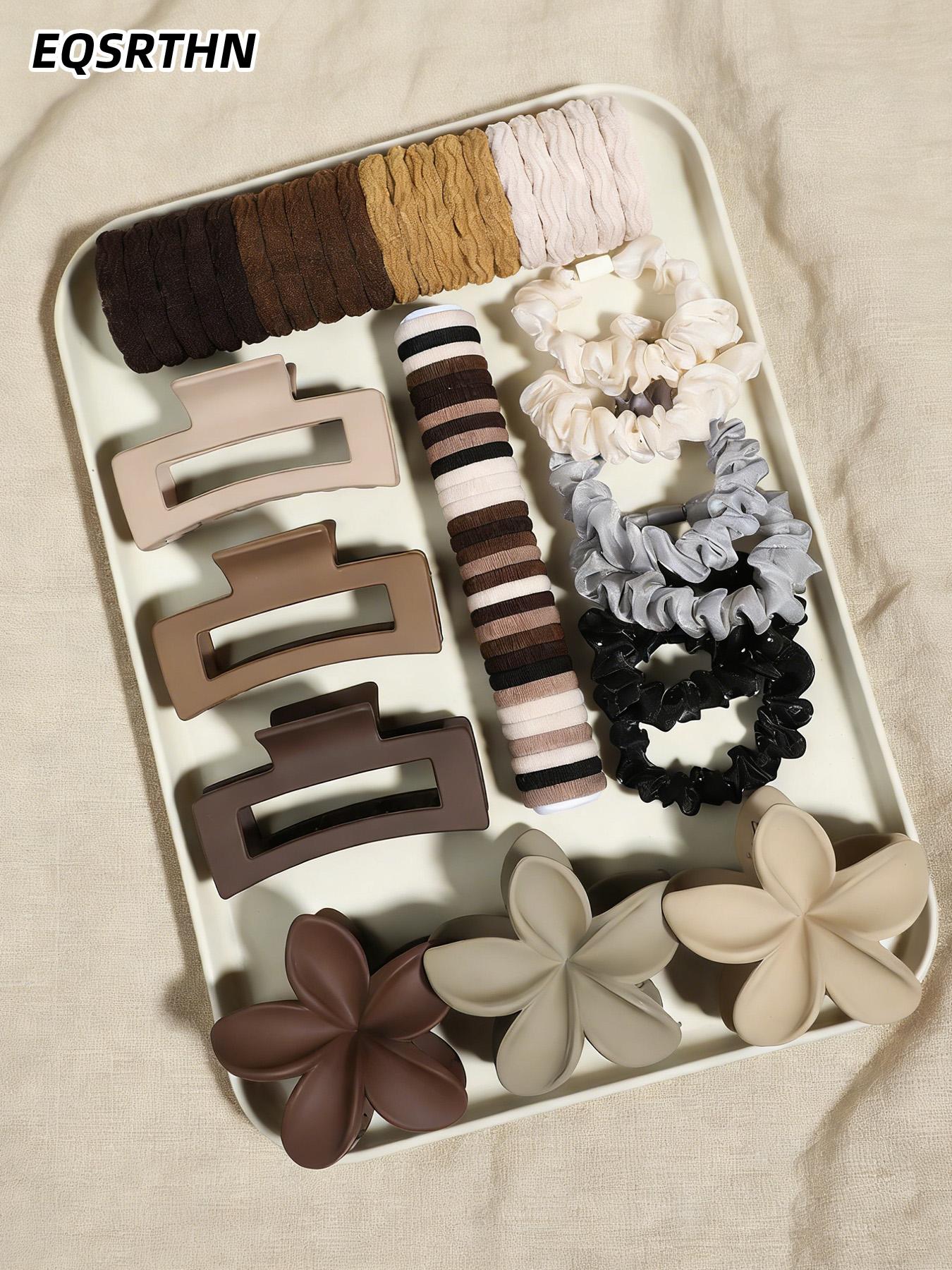 [Curry Hair Accessories Set 82 Pieces] The combination of the same clip and hair ring makes it easy to create elegant hairstyles. For daily travel/special occasions, women must have! Elastics