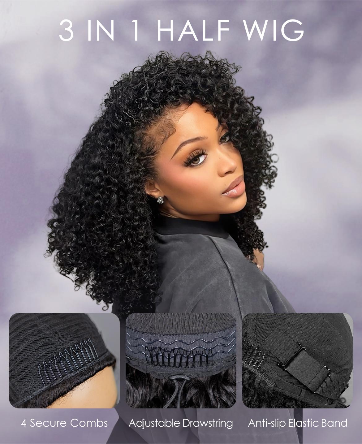 [WEAR GO HALF WIG] Wavymy Invisible Hairline Upgrade Drawstring Half Wig Kinky Straight Flip Over Wig For Beginner,100% Virgin Hair, 3 In 1 Fit for 3 Hairstyles