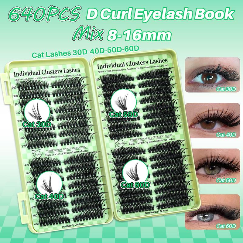 1450/640/460/350 PCS D Curl Lash Clusters Kit, 11 Styles Cat Volume Spikes and 3D Effect Lashes Eyelash Extensions with Bond and Seal Remover Applicator Headband and Wristband, Suitbale for Easy DIY Makeup at Home