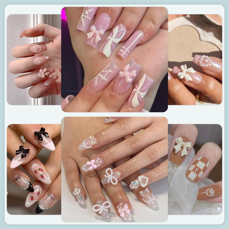 1 Box Classic Ribbon Bow Resin Nail Charms 3D Colorful Gradient Bowknots Semi-circular Pearl Decorations DIY Phone Case Hairpin Nails Nail Extension Diy