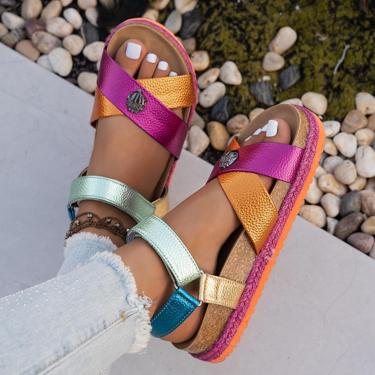 Dopamine flip-flops, multicolored metal accents, thick-soled woven edges, velcro-fastened casual beach shoes, Summer