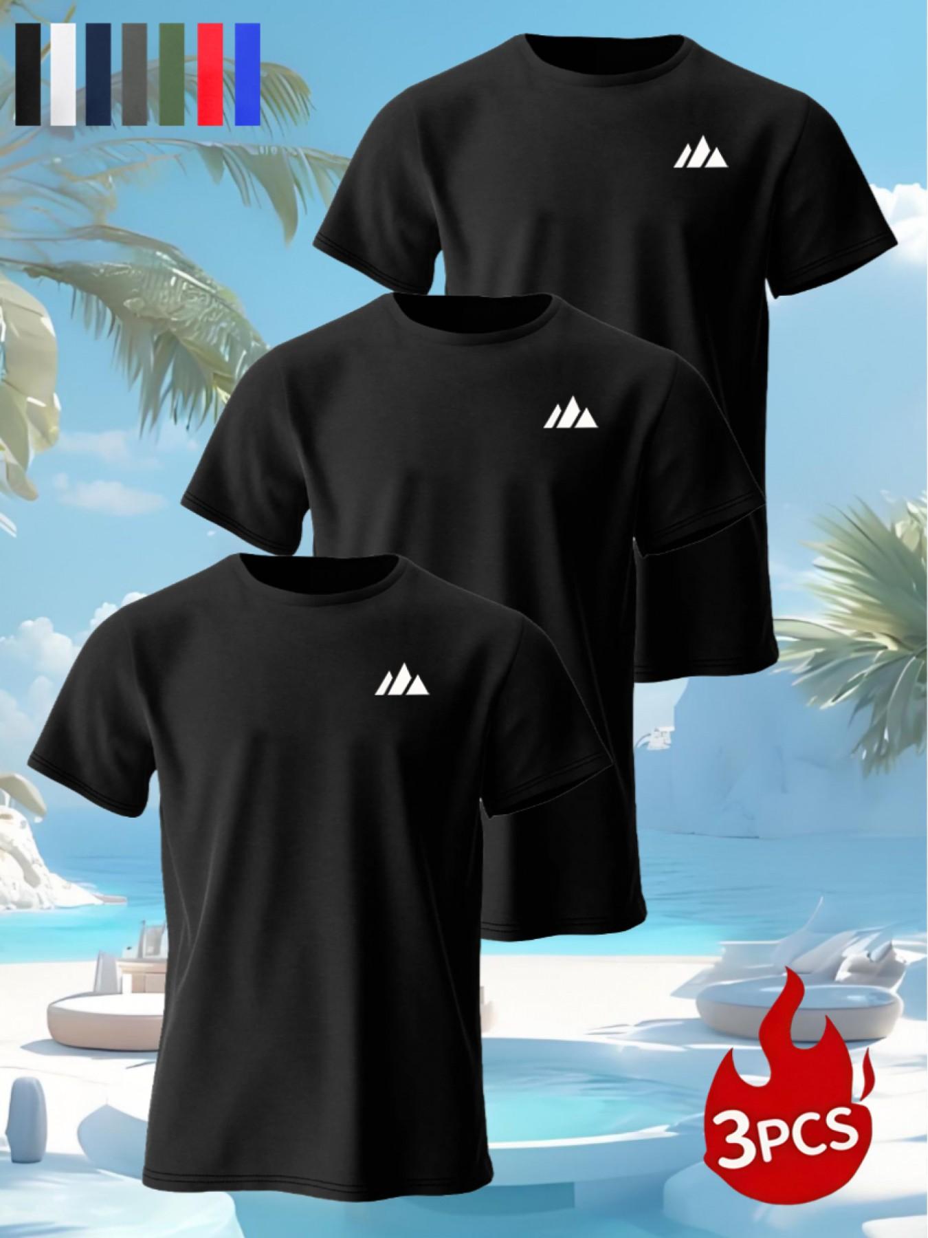 3-Pack Summer Sporty Mountain Print T-Shirts, Soft Breathable Polyester Crew Neck, Casual Comfort, Smooth Touch, Multiple Colors Available