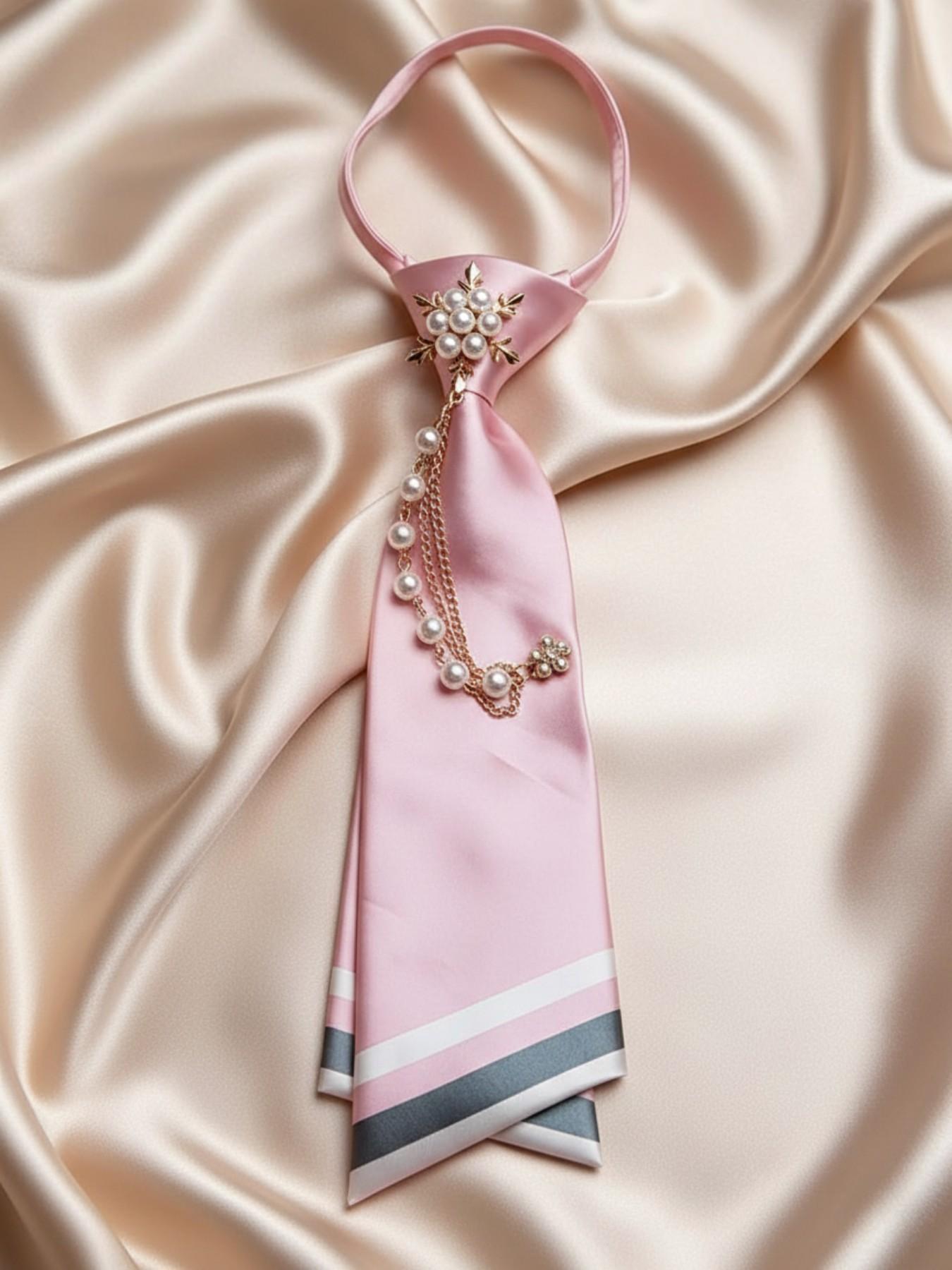 Pre-Tied Casual Elegant Tie - Smooth Satin Necktie with Imitation Pearl & Metal Accents, School Uniform & Classic Shirt Match, Ideal for Graduation & Formal Occasions