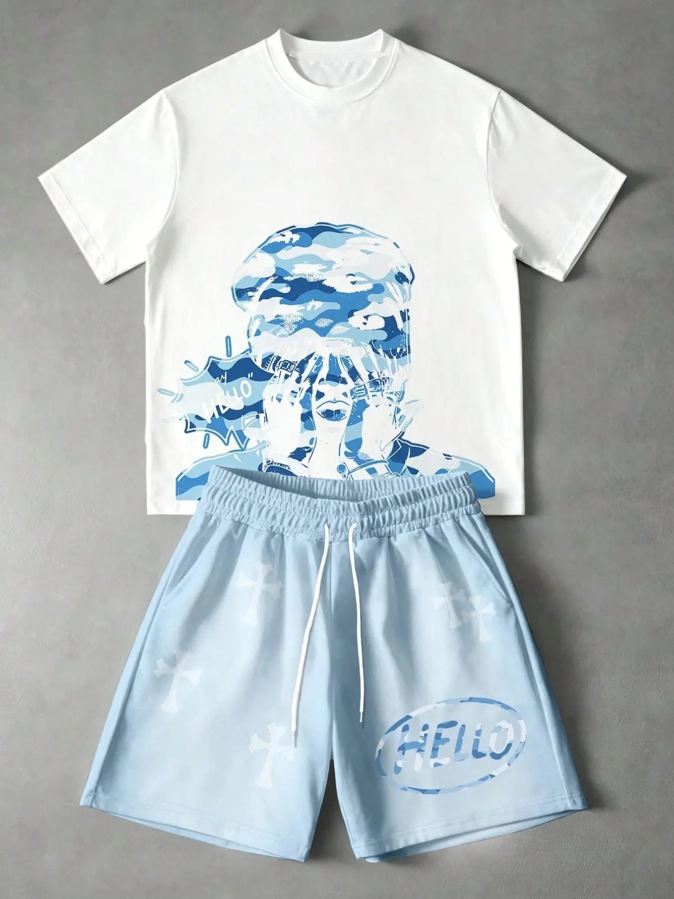 Manfinity EMRG 2pcs Men Light Pink Summer Streetwear Holiday Set,White Round Neck Short Sleeve T-Shirt+Pink Camo Jellyfish & ""HELLO"" Print Drawstring Shorts Outfit