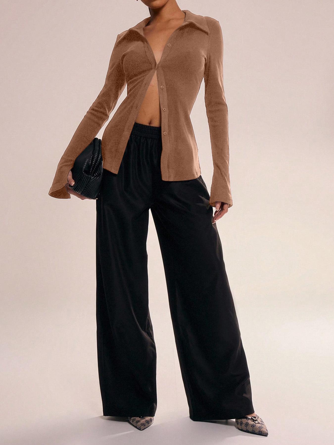 Women's Casual Long Sleeve Shirt Collar Button Design, Fitted Plain Top for All Seasons, Moderate Fabric Knit Women's Clothing, Womenswear