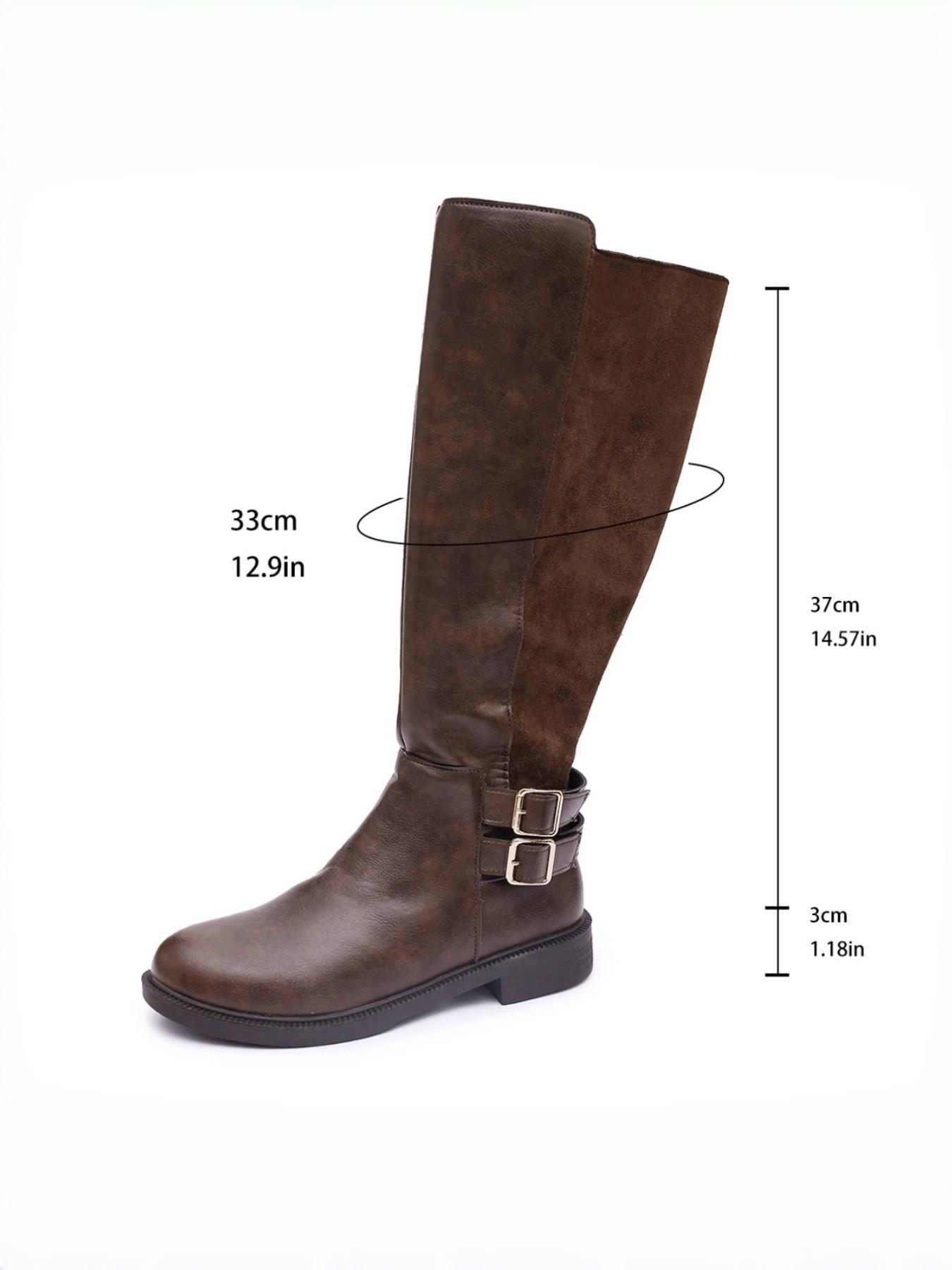 Simple Straight Calf Knight Boots, Round Toe Flat Sole, Dual Buckle Decor, Distressed PU Leather, Side Zipper, Daily Wear Tall Boots