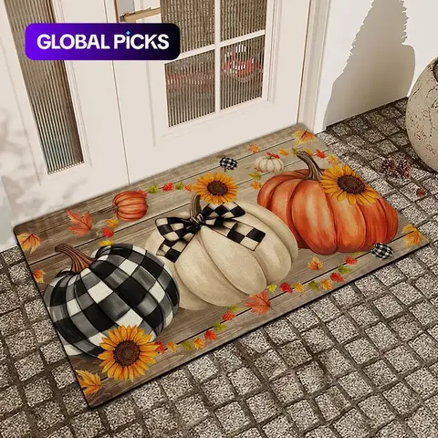 Pumpkin and Wood-Grain Print Soft Diatomaceous Earth Door Mat, Non-Slip & Absorbent Entrance Mat for Indoor and Outdoor, Festive Home Decoration #GLOBAL PICKS